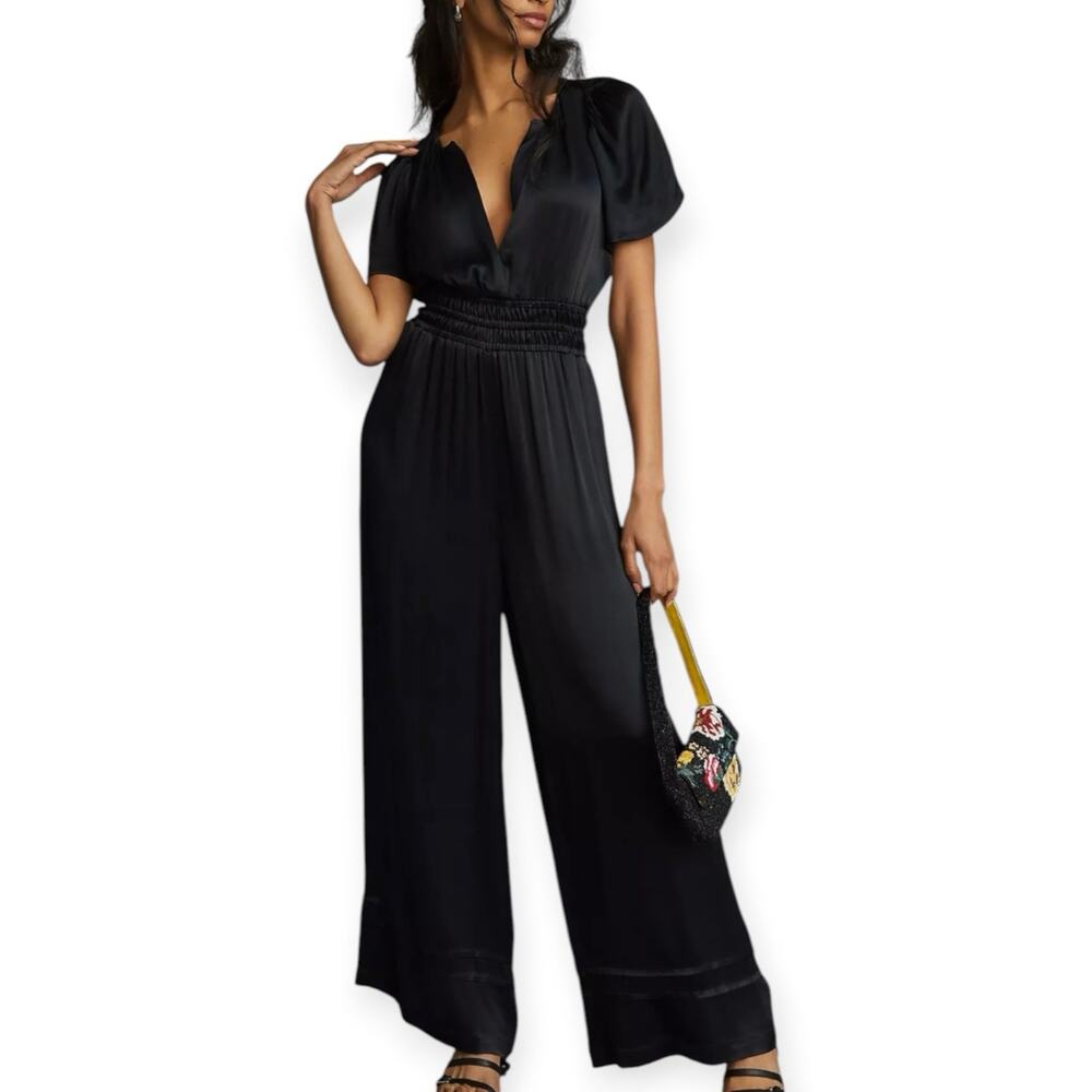 Anthropologie The Somerset Jumpsuit Black Satin Wide Leg Size Medium Petite